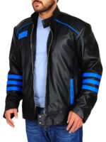 Black & Blue Biker Leather Jacket - Image 5