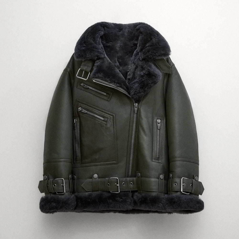 women-shearling-leather-jackets1-1.jpg Women Green RAF Aviator Styled Lambskin Black Shearling Leather Jacket - Image 1