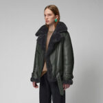 Women Green RAF Aviator Styled Lambskin Black Shearling Leather Jacket - Image 2