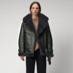 Women Green RAF Aviator Styled Lambskin Black Shearling Leather Jacket - Image 3