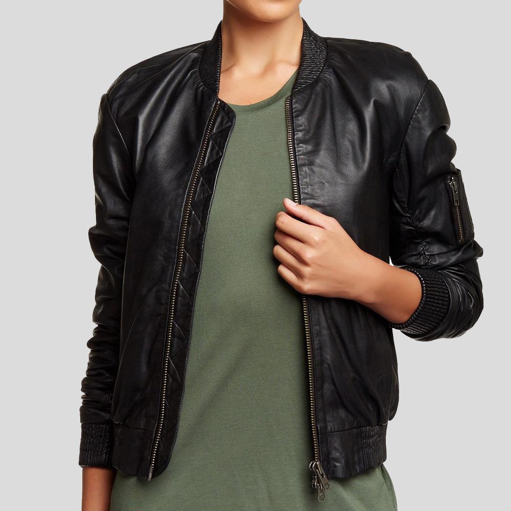 womens-belle-black-bomber-leather-jacket-1.jpg Belle Black Bomber Jackets - Image 1