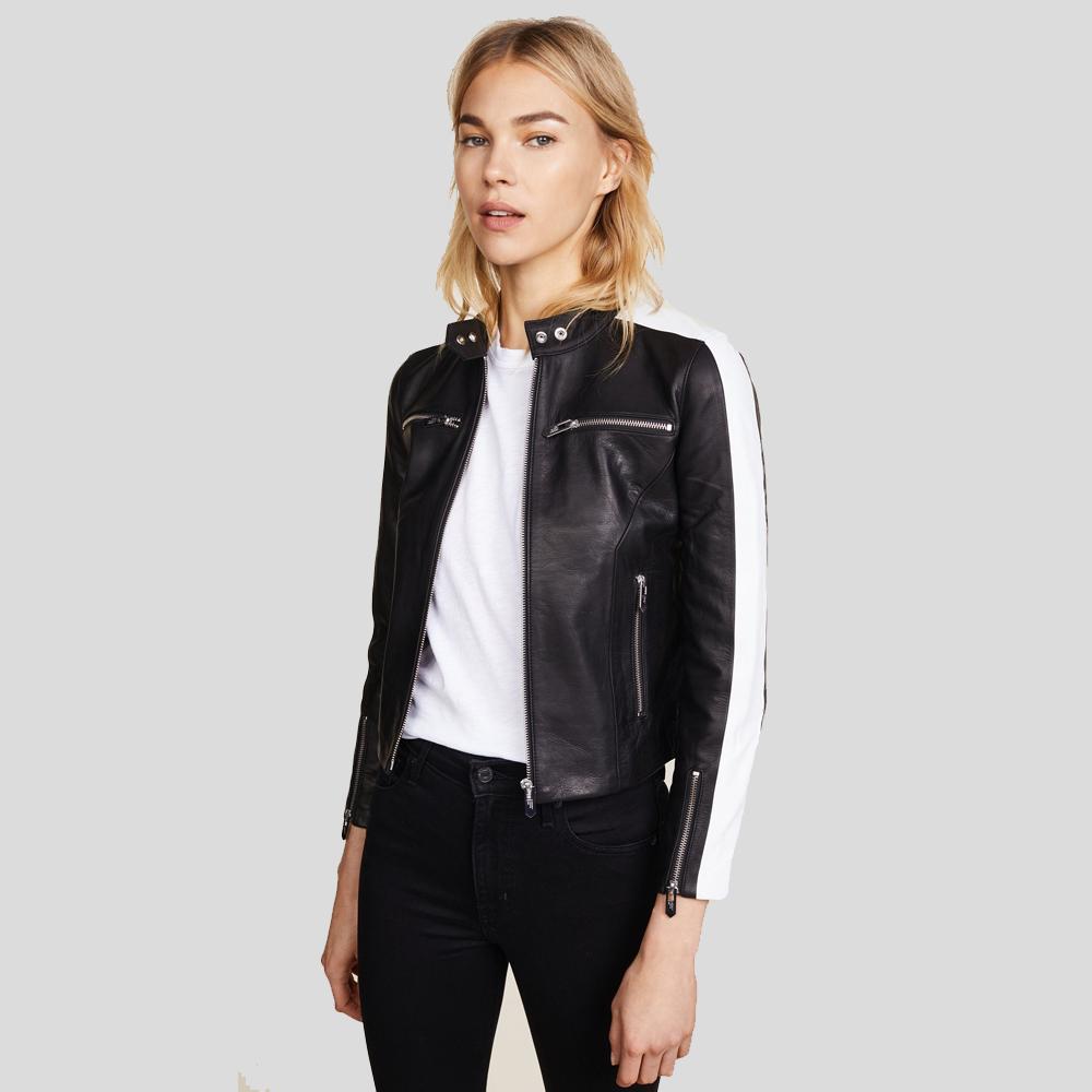 womens-michel-black-cafe-racer-leather-jacket-1.jpg Michel Black Racer Leather Jackets - Image 1