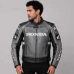 Replica Honda Grey Black Cowhide Racing Leather Jacket