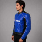 Replica Cowhide Honda Blue Racing Motorbike Leather Jacket - Image 3