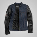 Women’s Navy Denim Jacket with Leather - Image 3